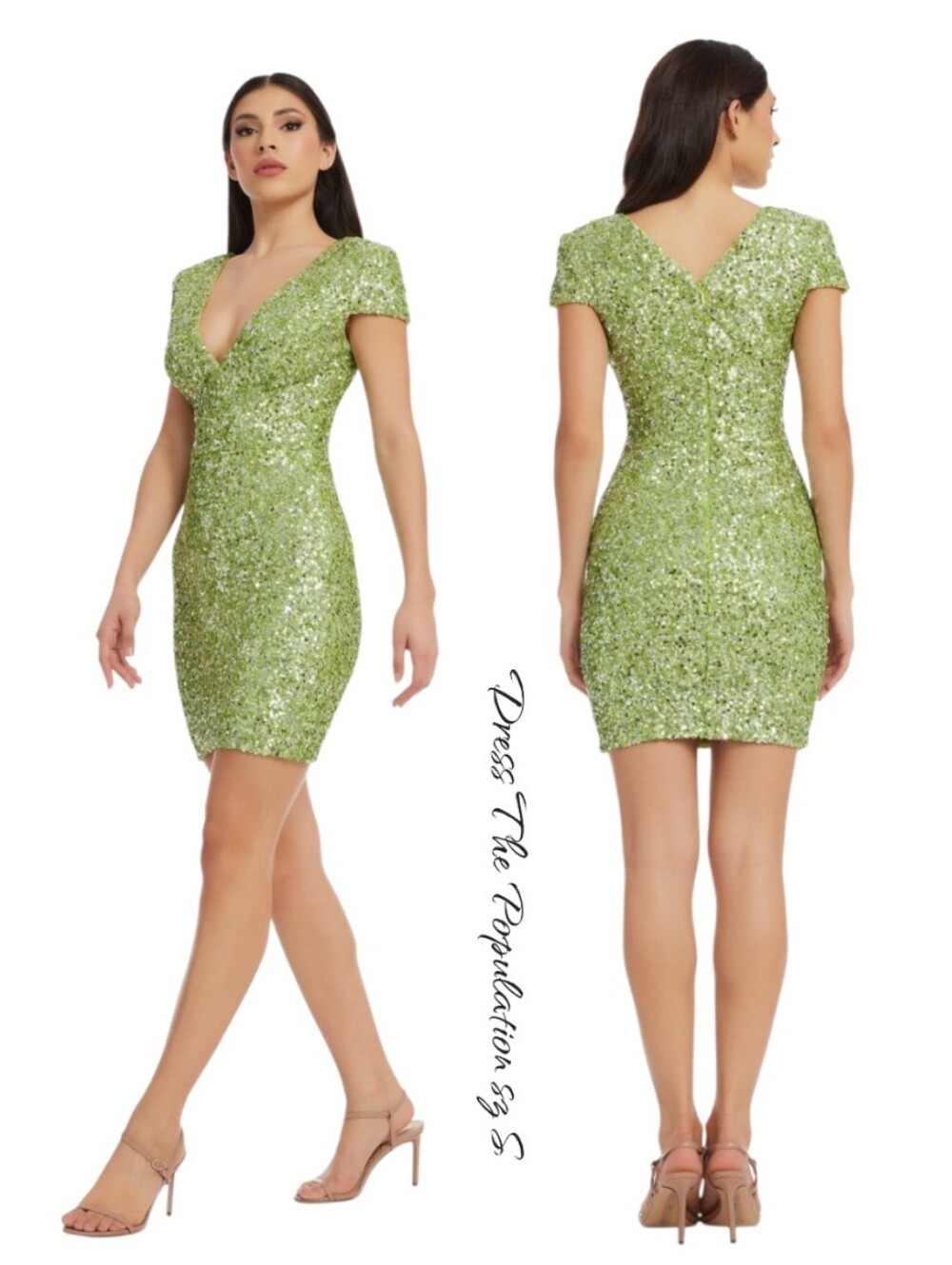 NWT Dress the Population Zoe Sequin Mini Dress Green Small Bodycon V-Neck
